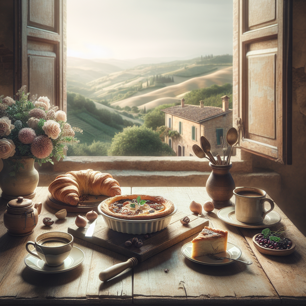 A table set with coffee, pastries, and a dessert in a rustic Italian setting with a view.
