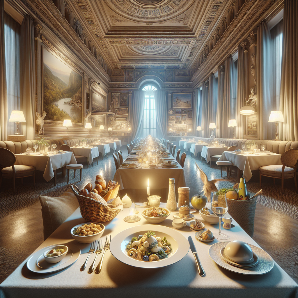 A beautifully arranged dining table in an ornate restaurant setting with various dishes and decor.