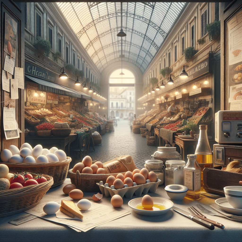 Various types of eggs displayed on a table with culinary ingredients in a market environment.