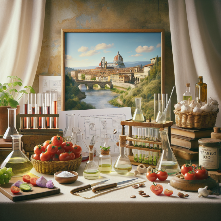 A kitchen table featuring various ingredients, lab equipment, and a scenic painting of Florence in the background.