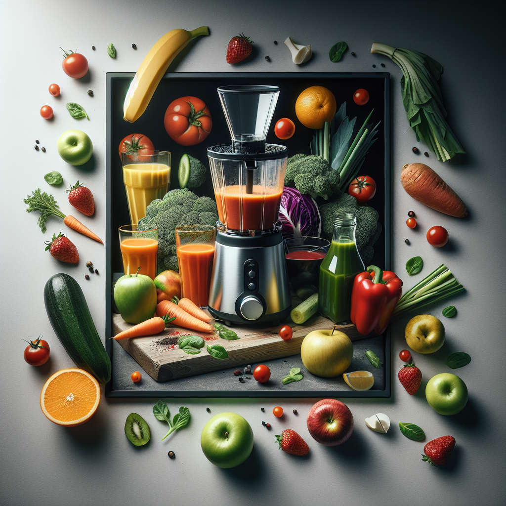 A blender surrounded by various fruits and vegetables including carrots, apples, and tomatoes.