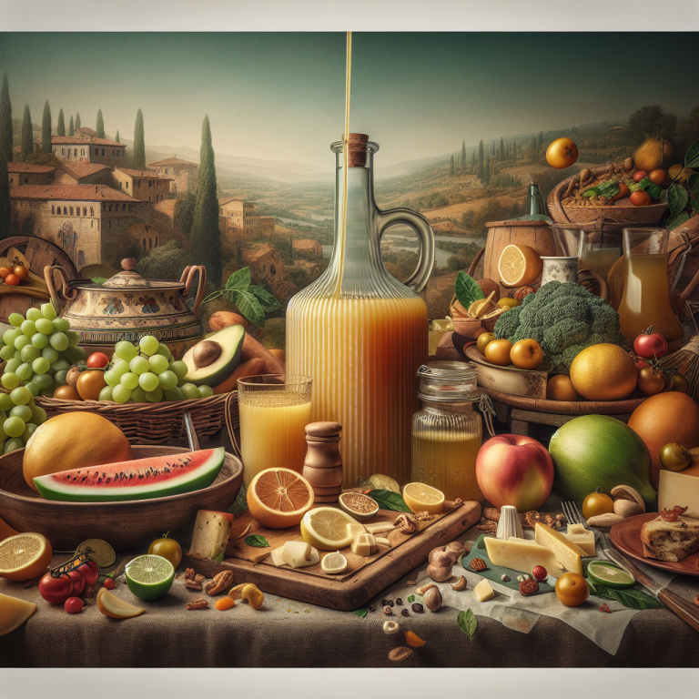 A collection of various fruits and juices arranged on a table with a scenic background.
