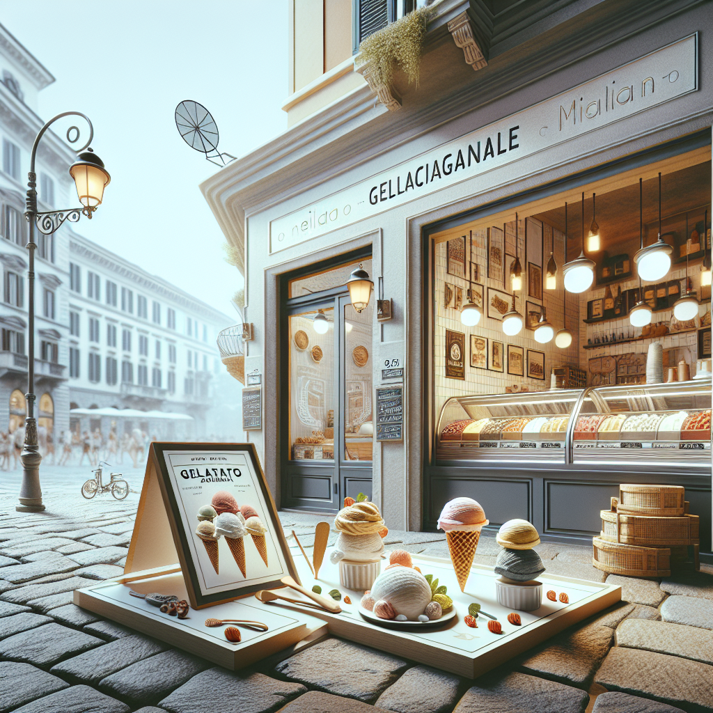 Gelato cones and cups displayed outside a gelateria in Milan with a storefront in the background.