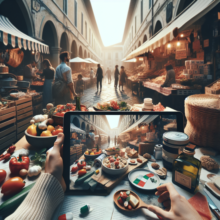 Person using a tablet to capture a food market scene featuring various Italian food items.