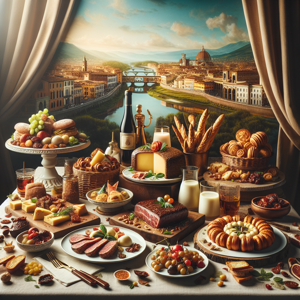 A table filled with assorted Italian foods including cheeses, meats, pastries, and beverages.