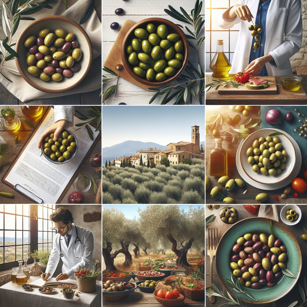 A bowl filled with various types of olives, including green and black olives, on a wooden surface.