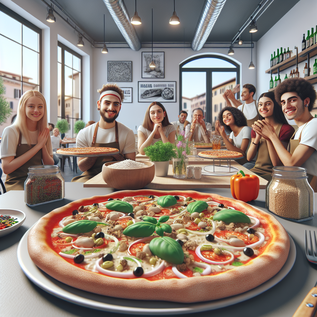 A gourmet vegan pizza topped with fresh basil, olives, and vegetables on a table in a pizzeria.