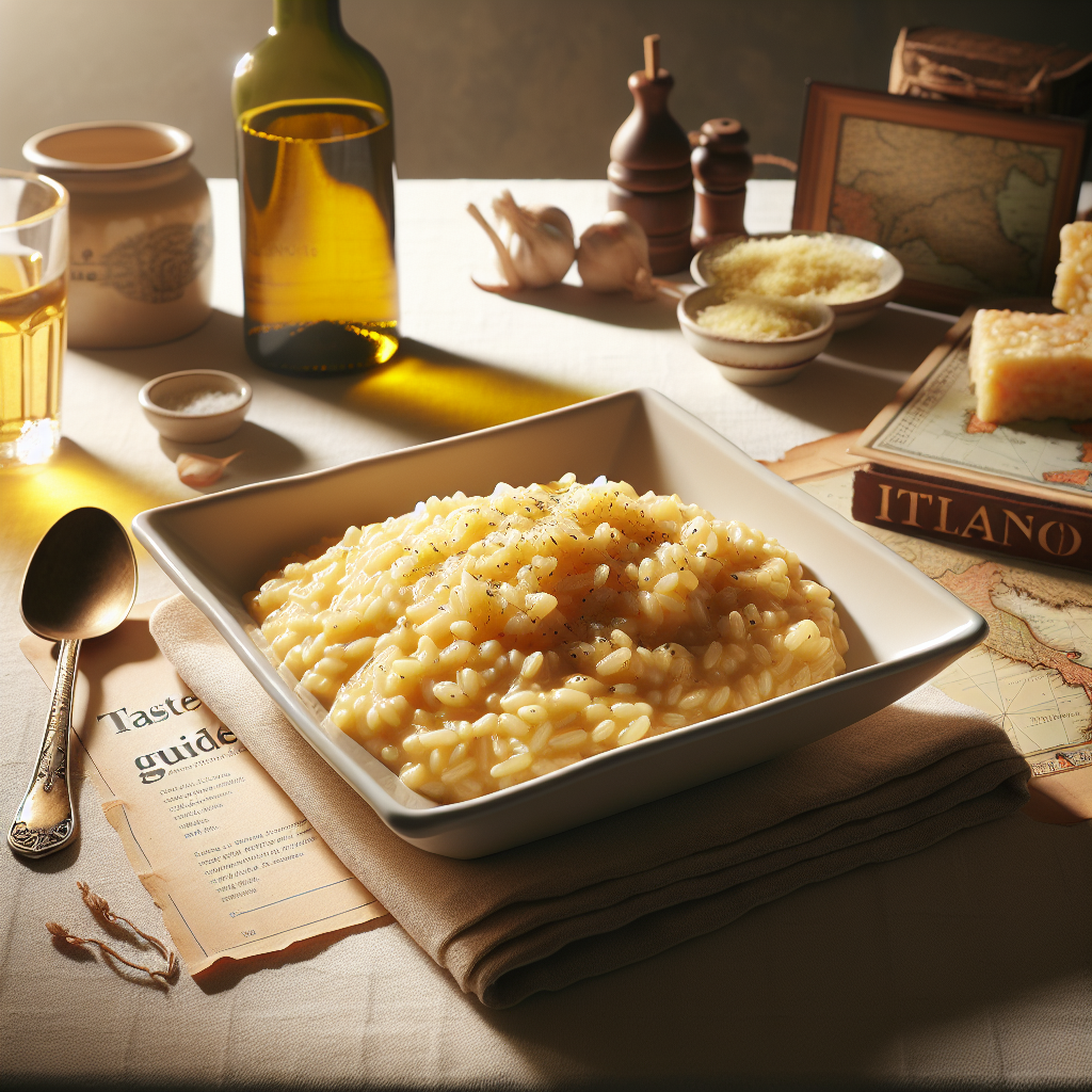 A bowl of creamy risotto topped with black pepper, placed on a table with various ingredients.