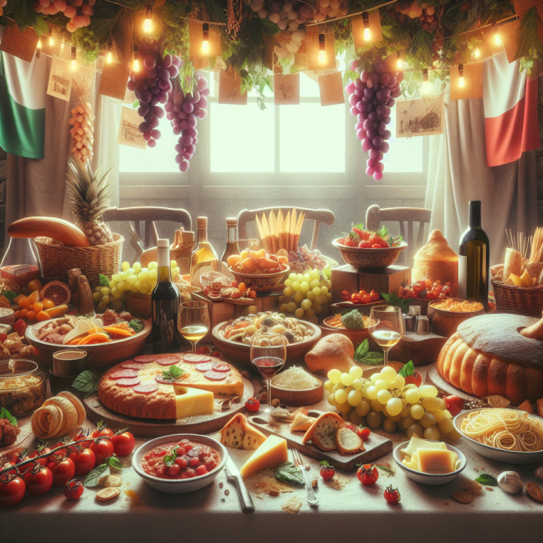 A table filled with various Italian dishes, including cheeses, meats, fruits, and breads, under decorative lighting.