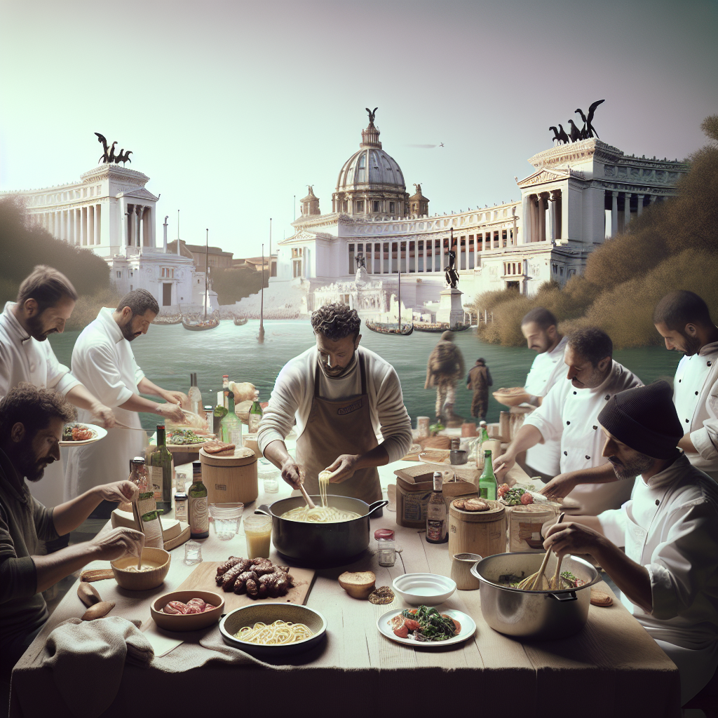 Group of Italian chefs cooking various dishes at a table near a river with historical architecture in the background.