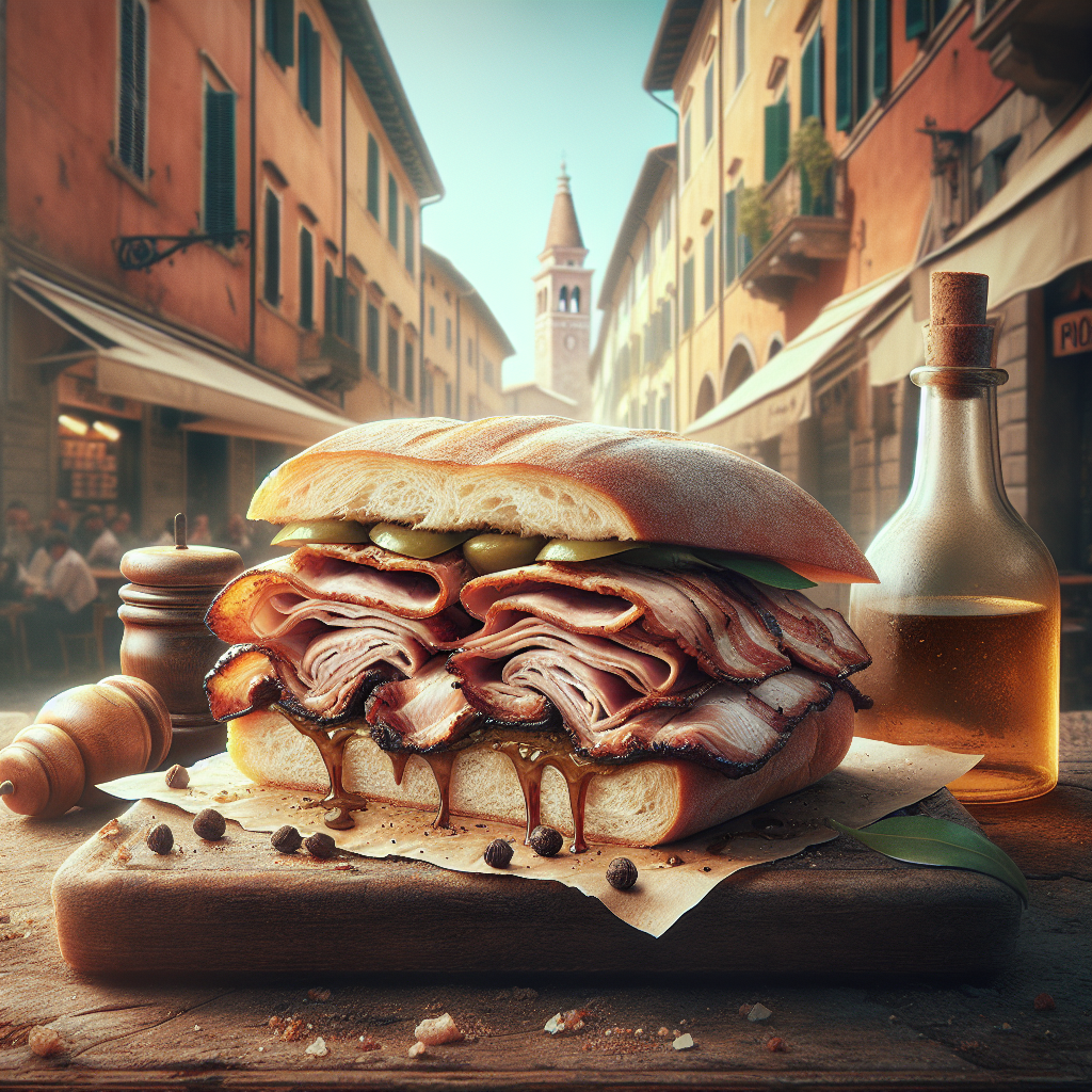 A porchetta sandwich filled with slices of meat on a wooden table with a bottle of oil in the background.