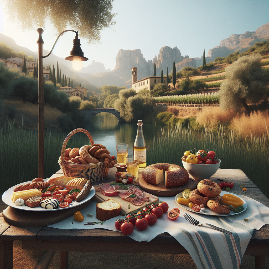 Table set with various Italian foods including bread, cheese, meats, and fruits near a scenic landscape.