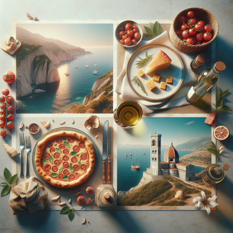 A display of Italian cuisine featuring pizza, cheese, tomatoes, and a coastal view.