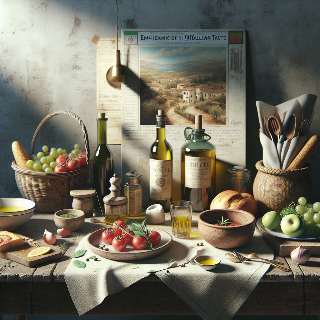 An arrangement of various Italian culinary ingredients and utensils on a wooden table.