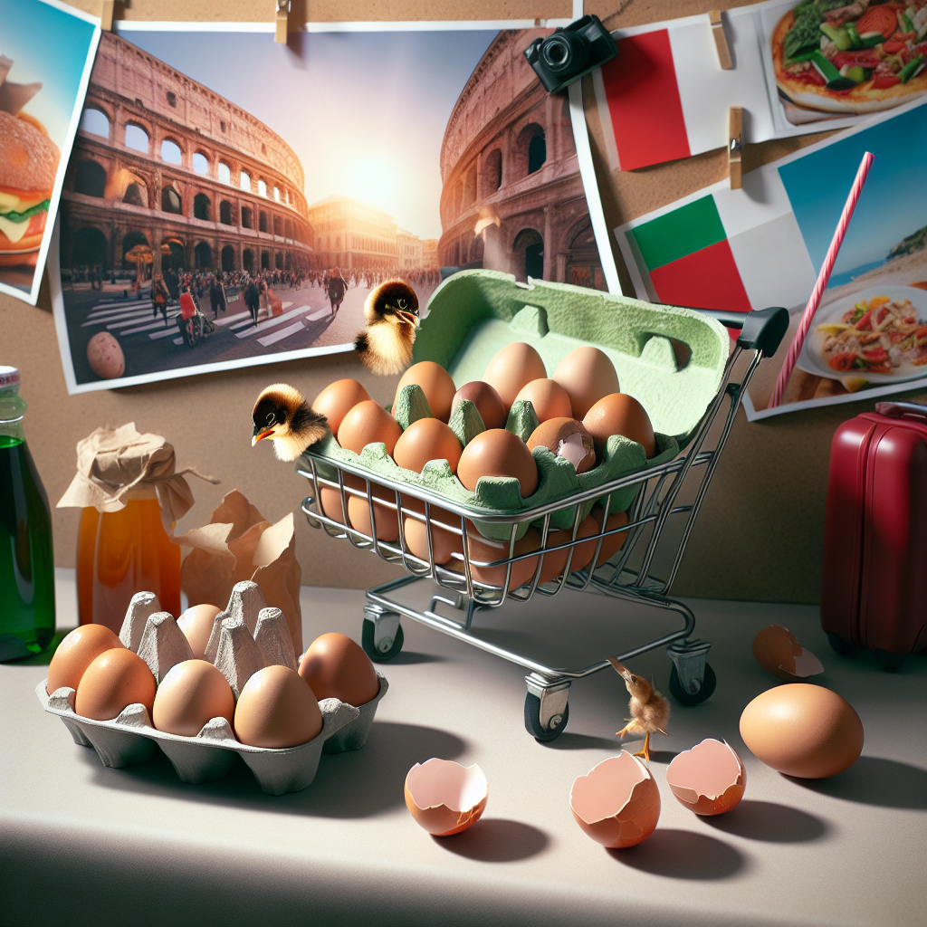 A shopping cart filled with eggs and two chicks among broken eggshells on a table.