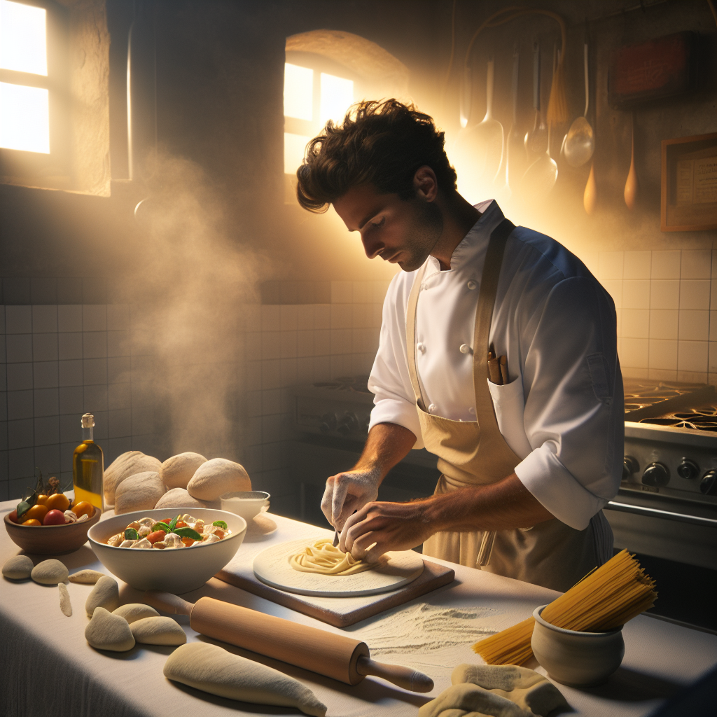 Italian chef preparing fresh pasta on a wooden board in a kitchen setting.