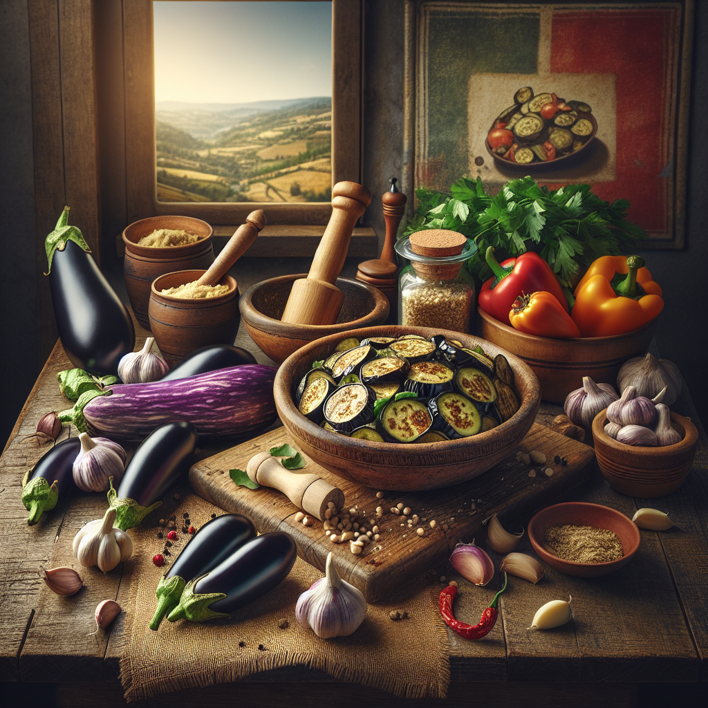 Bowl of sliced eggplant surrounded by various cooking ingredients including garlic, peppers, and spices. Bowl of sliced eggplant surrounded by various cooking ingredients including garlic, peppers, and spices.