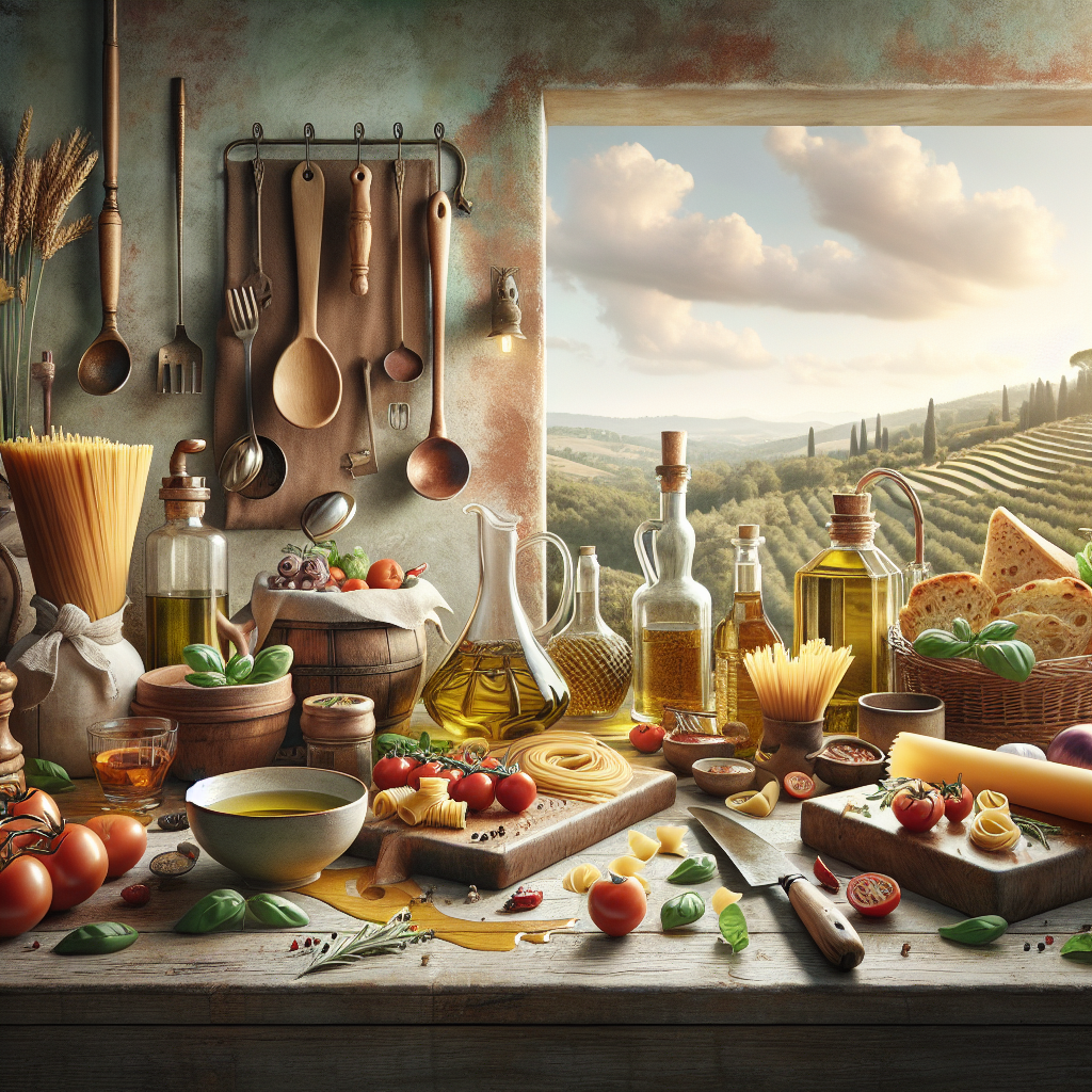 A variety of Italian cooking ingredients including pasta, tomatoes, and olive oil arranged on a wooden table.