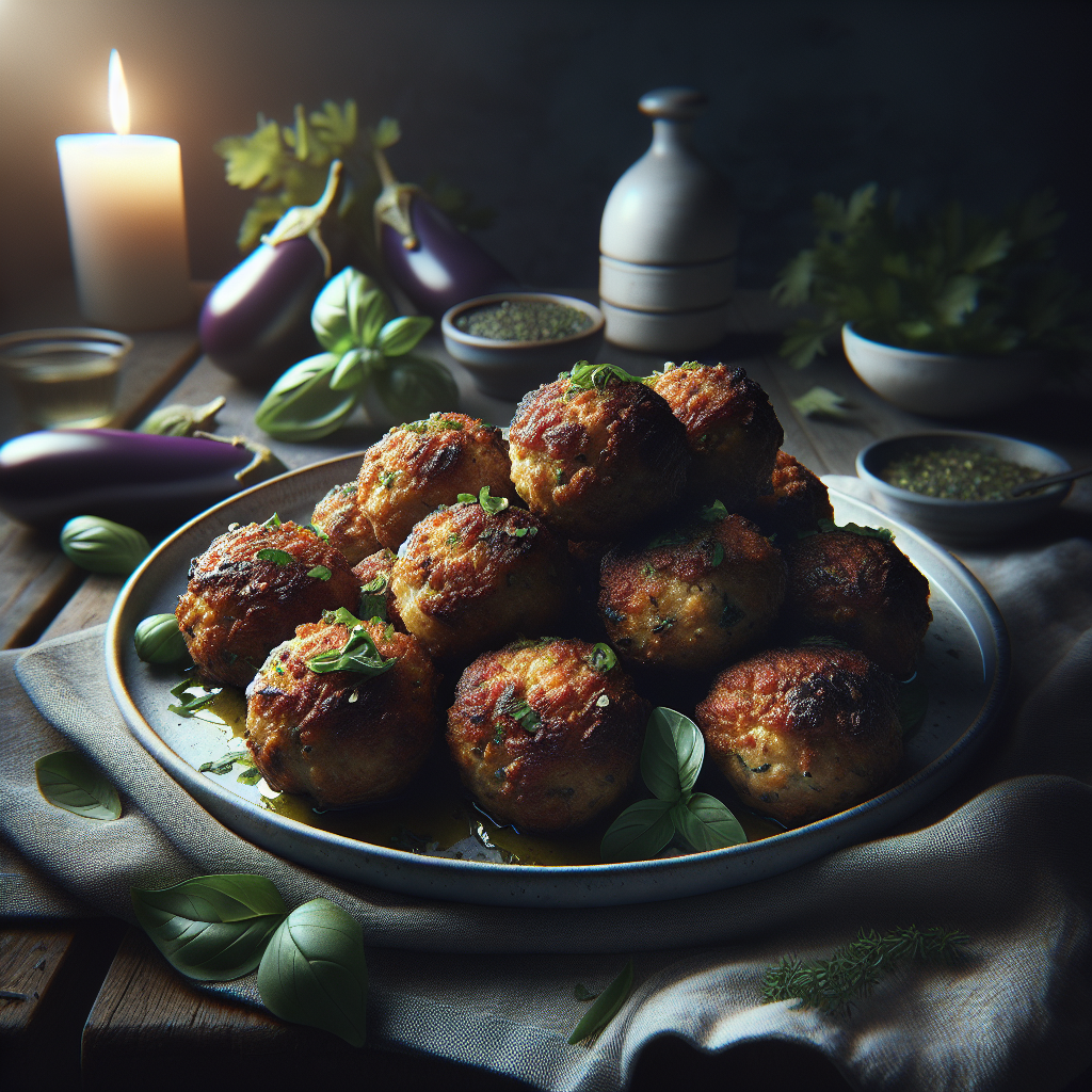 Plate of baked eggplant meatballs garnished with herbs, displayed with ingredients in the background.