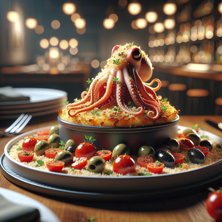 Baked gratin squid topped with breadcrumbs, surrounded by cherry tomatoes and olives on a plate.