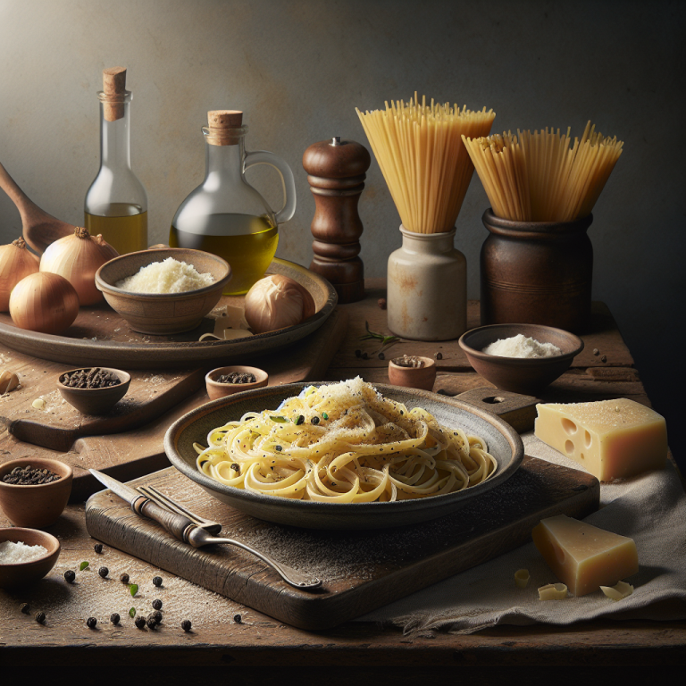 Plate of Cacio e Pepe pasta topped with grated cheese, surrounded by ingredients like cheese, oil, and spices.