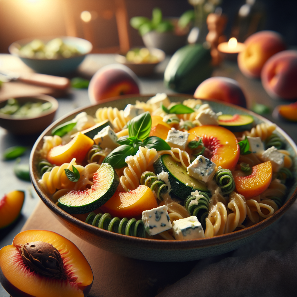 Bowl of chilled pasta with zucchini cream, peaches, and cheese garnished with fresh basil.