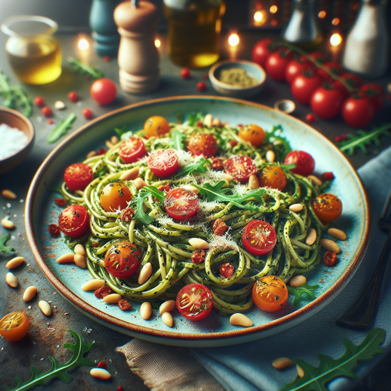 Plate of cold pasta topped with arugula pesto, cherry tomatoes, and pine nuts.