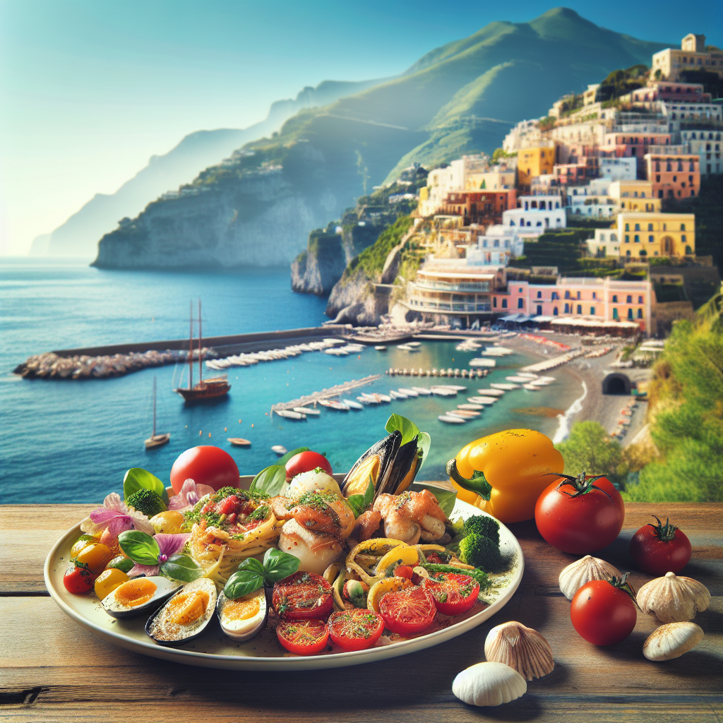 A seafood platter featuring various dishes set against the backdrop of the Amalfi Coast.