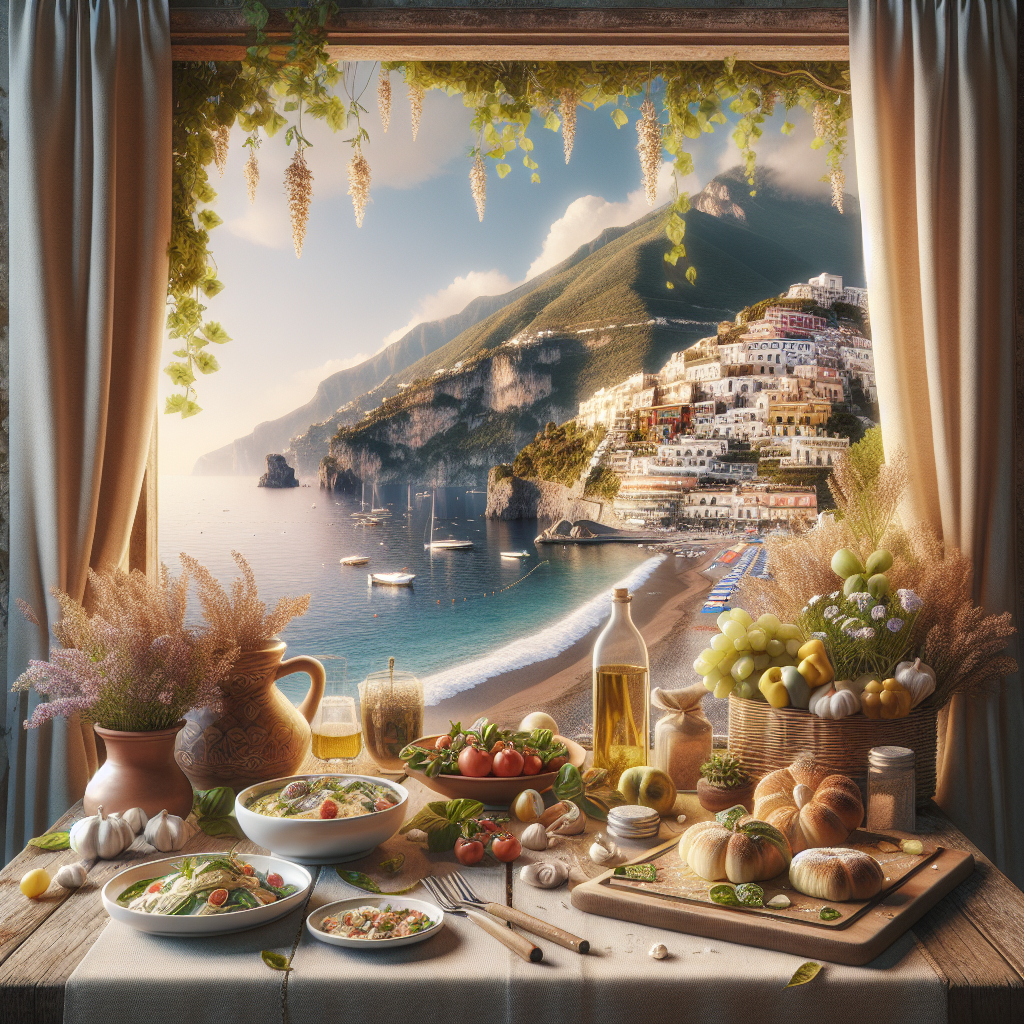 A table set with various Italian dishes and ingredients in front of a coastal landscape.