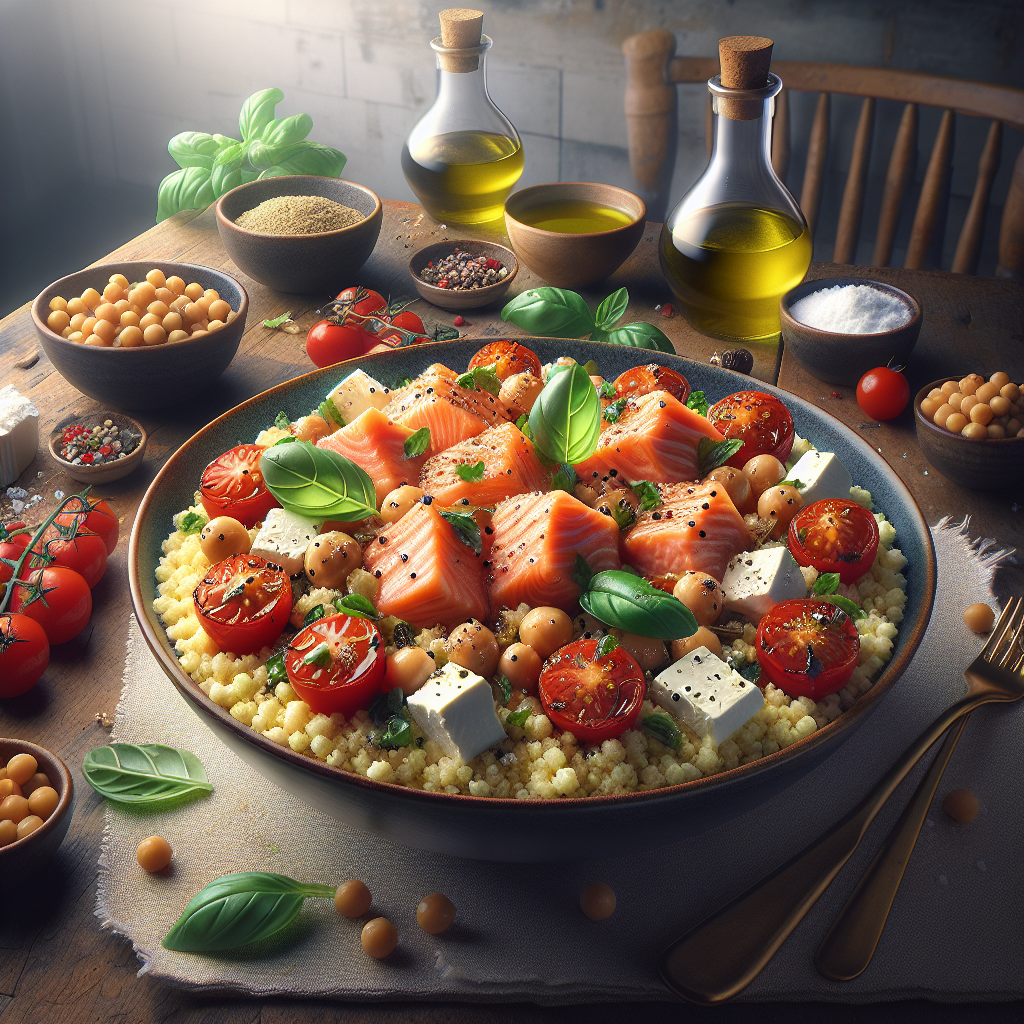 A plate of couscous topped with salmon, feta cheese, cherry tomatoes, and fresh basil leaves.