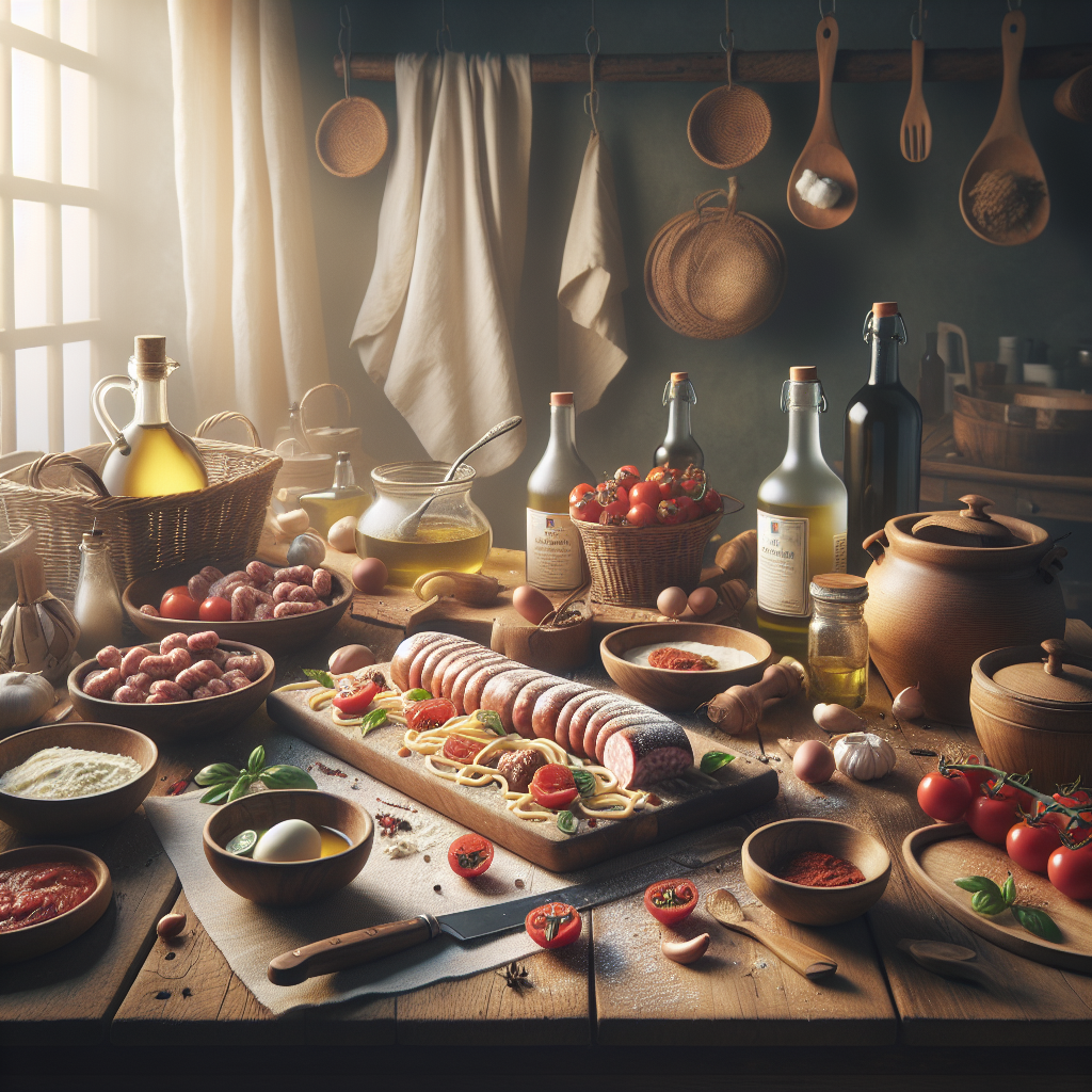 A variety of Italian cooking ingredients including pasta, tomatoes, and olive oil arranged on a wooden table.