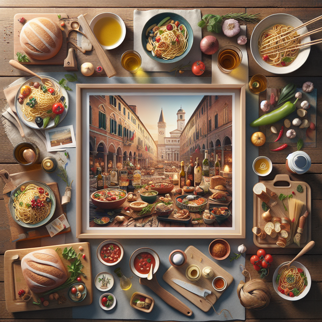 An arrangement of Italian cuisine items including pasta, vegetables, and sauces on a wooden table.