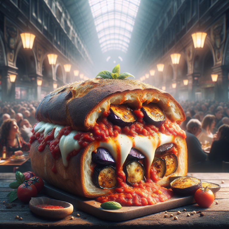 Cuzzetiello alla Parmigiana, a sandwich filled with eggplant, cheese, and tomato sauce, presented on a wooden board.