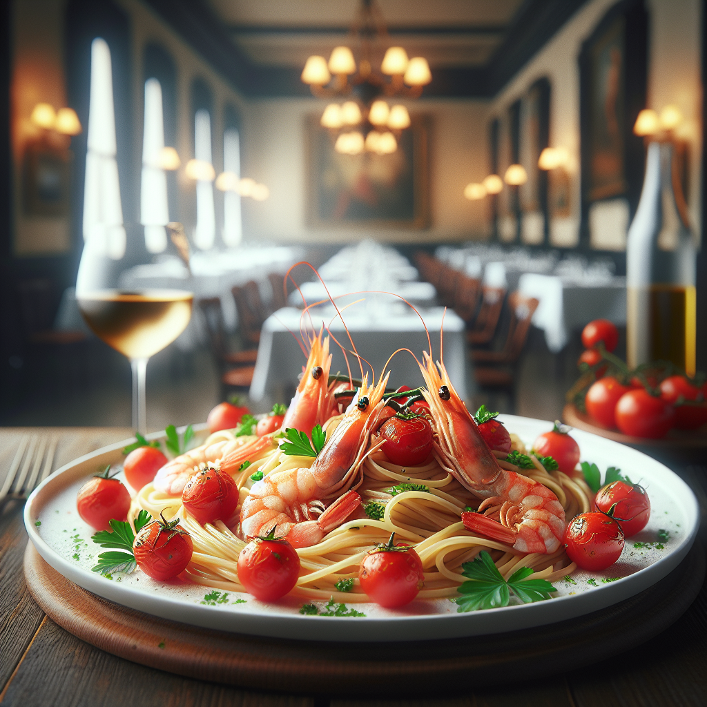 Plate of pasta topped with mazzancolle shrimp and cherry tomatoes, garnished with parsley.