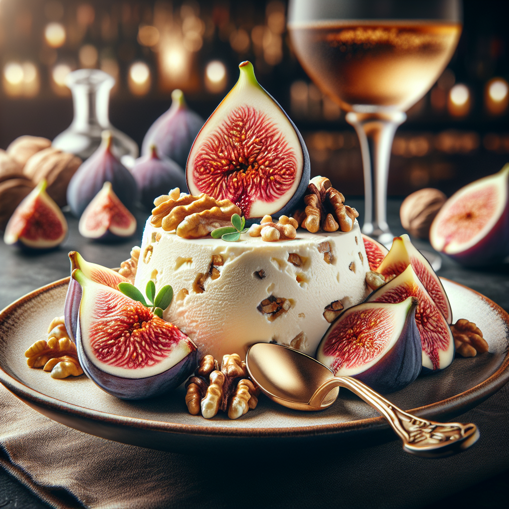 A semifreddo dessert topped with fresh figs and walnuts on a plate with a spoon.