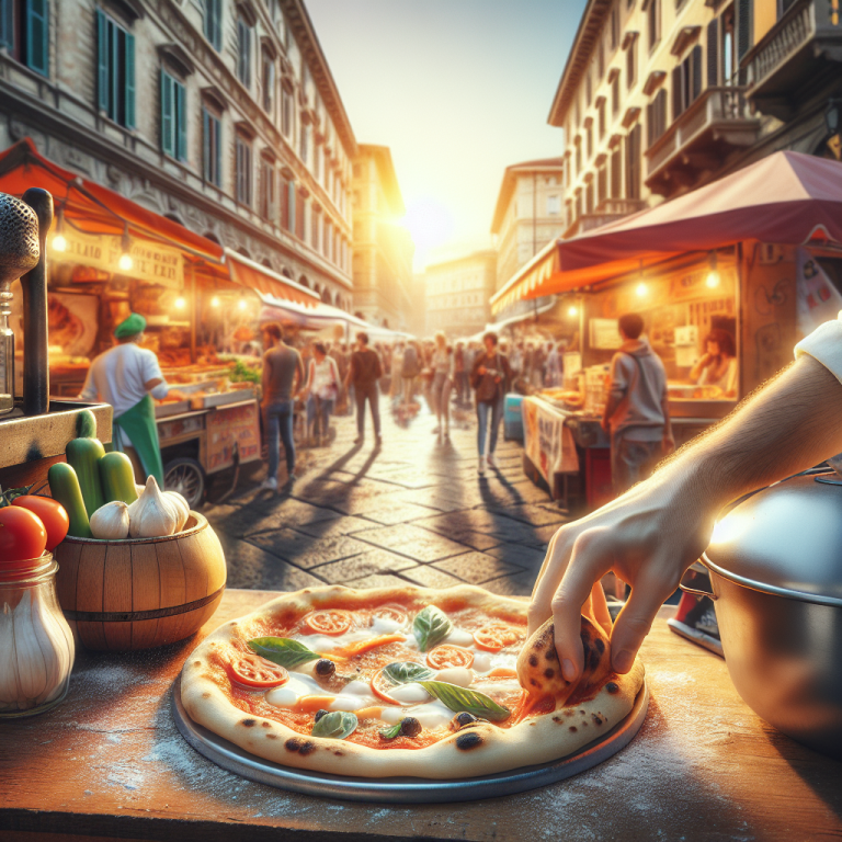 A hand placing toppings on a pizza in an outdoor market setting during sunset.