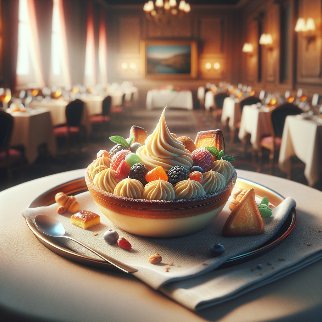 A creamy bowl of gluten-free pastry cream surrounded by fresh fruits and pastries.