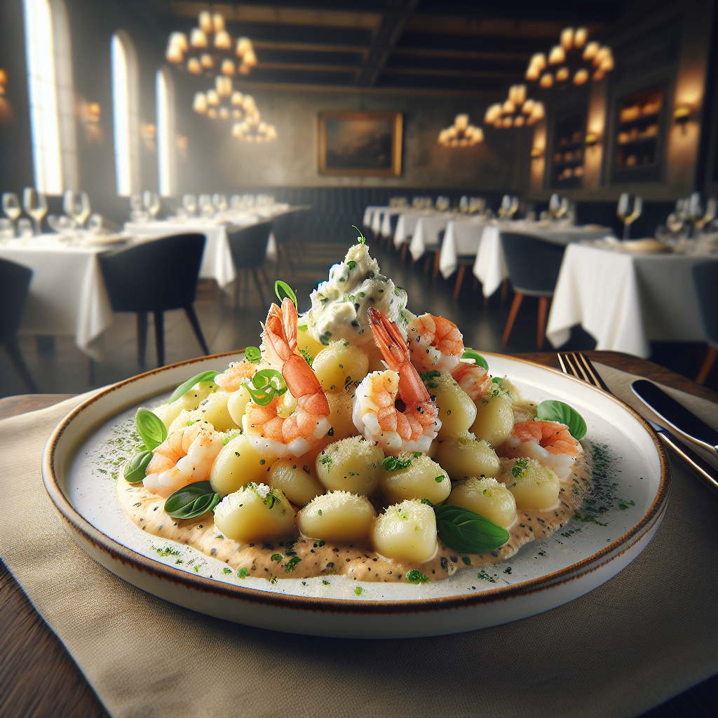 Plate of gnocchi topped with shrimp and stracciatella cheese on a restaurant table.