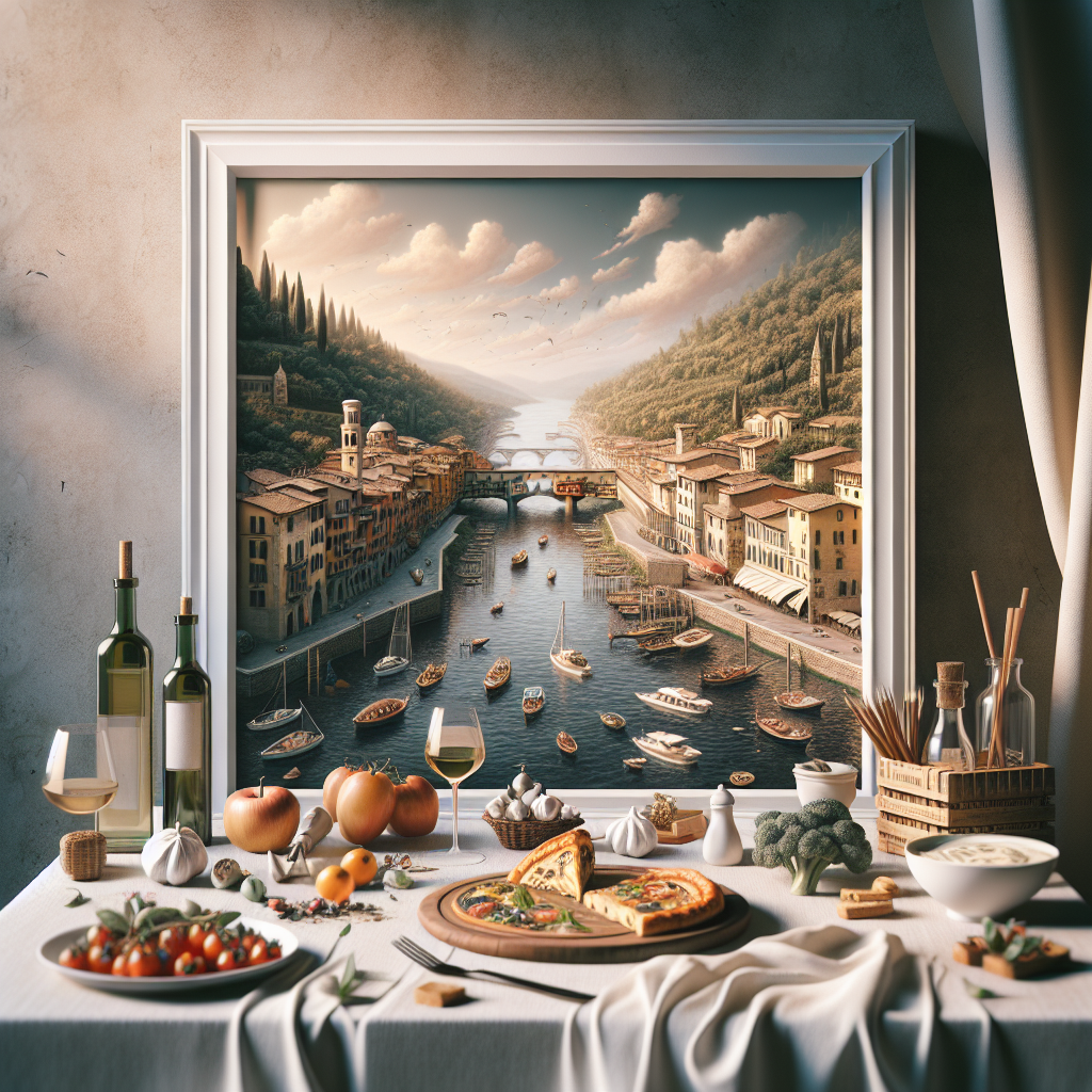 A table set with various Italian food items including pizza, vegetables, and wine bottles, with a scenic painting in the background.