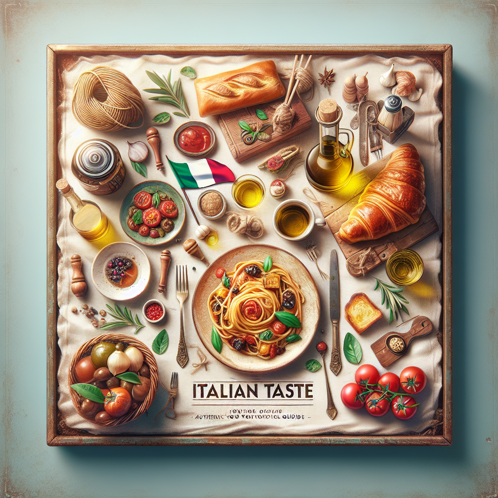 An artistic display of various Italian food items including pasta, tomatoes, and olive oil.