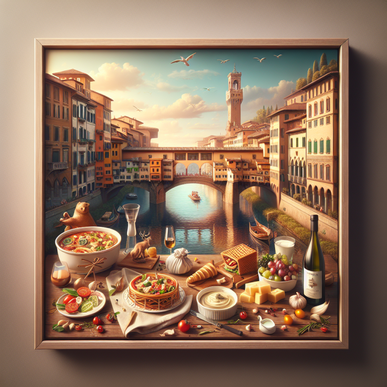 A picturesque display of Italian food items arranged in front of a scenic river and historic buildings.