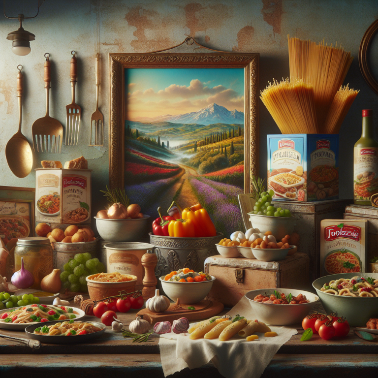 An assortment of Italian frozen food products including pasta, vegetables, and sauces arranged on a table.
