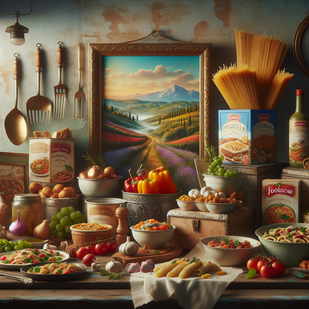 An assortment of Italian frozen food products including pasta, vegetables, and sauces arranged on a table. An assortment of Italian frozen food products including pasta, vegetables, and sauces arranged on a table.