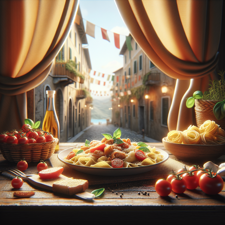Plate of Cuzzetiello alla Parmigiana with pasta and tomatoes in a rustic setting.