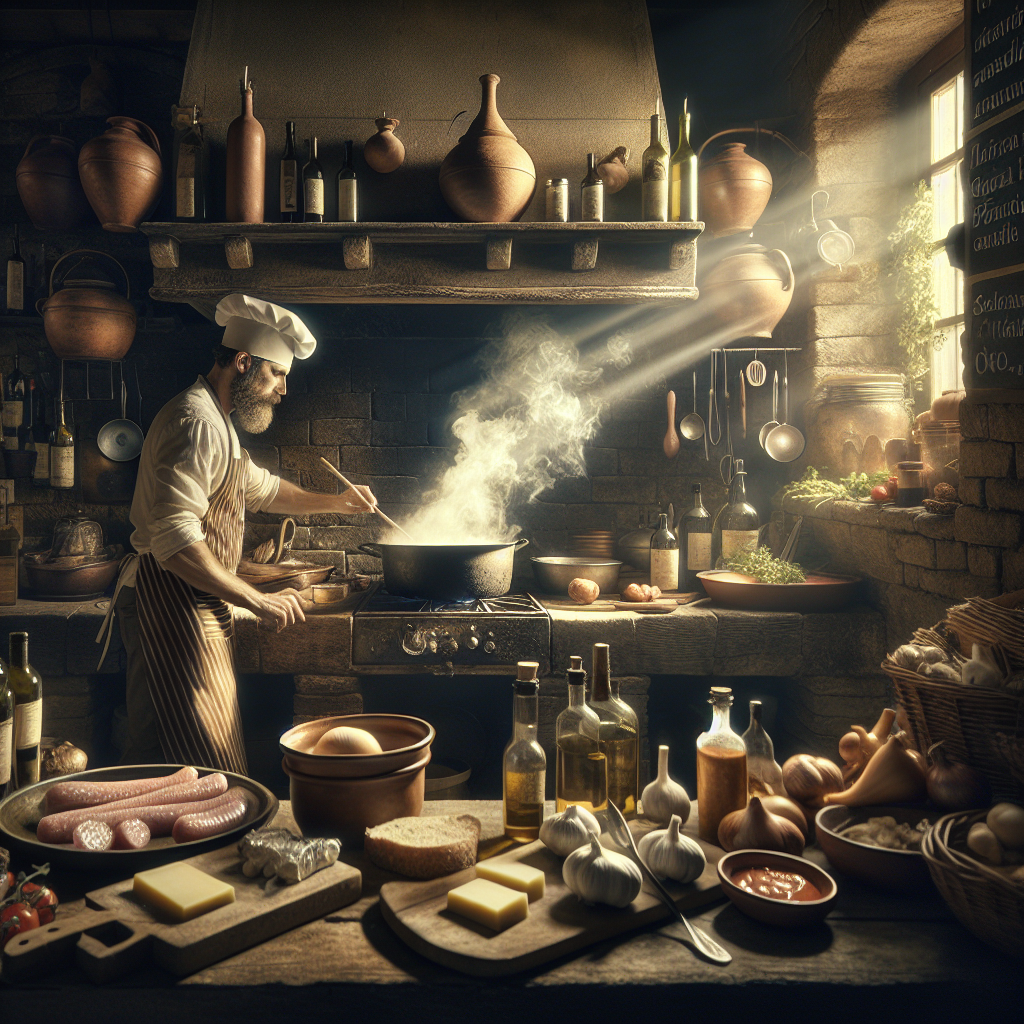 A chef in a rustic kitchen stirring a pot with steam rising, surrounded by various ingredients and kitchenware.