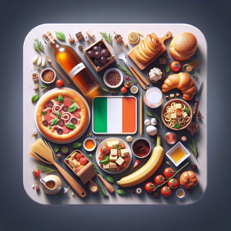 An assortment of Italian cuisine items including pizza, pasta, and various ingredients on a surface.
