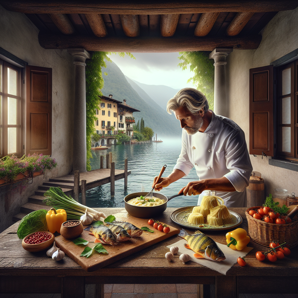 Chef in a white coat preparing lake fish risotto with fresh ingredients at a lakeside setting.