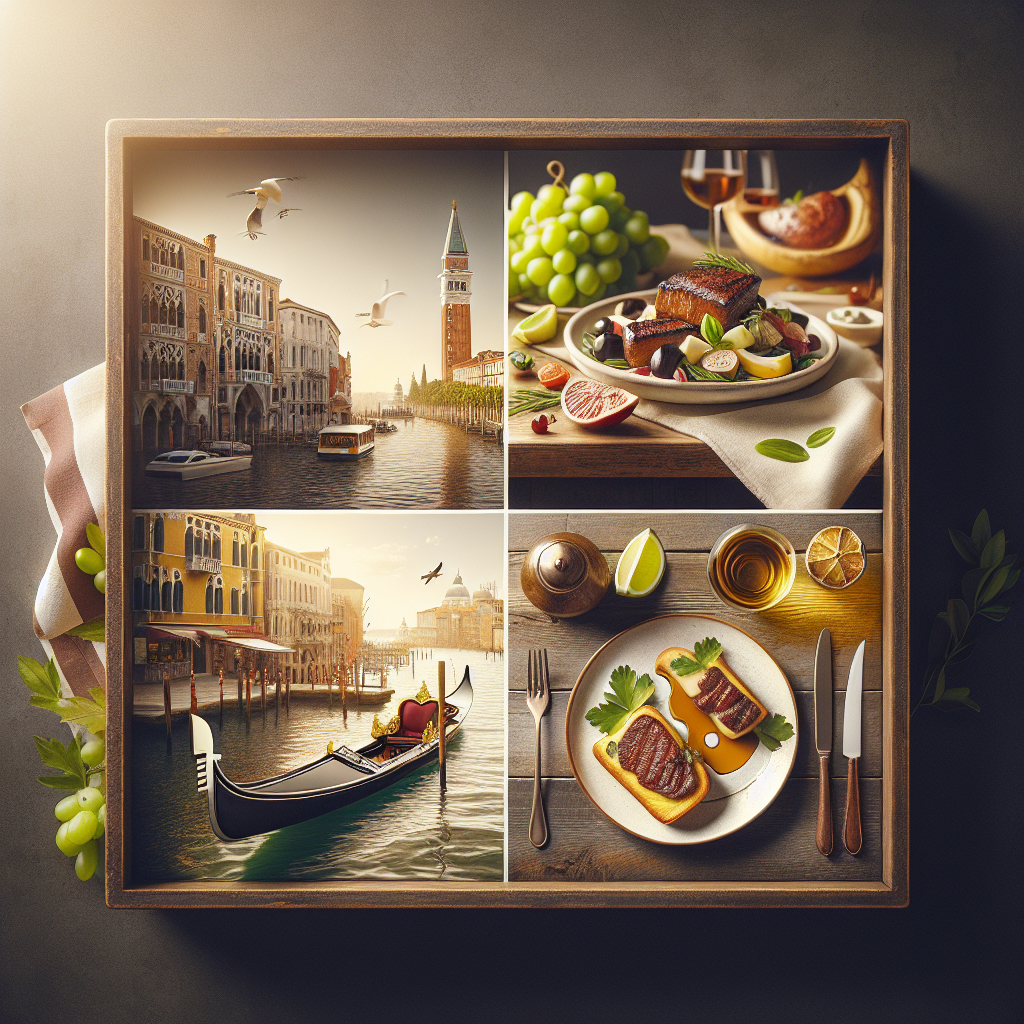 Collage of Italian cuisine featuring dishes, a gondola, and a canal view in Venice.