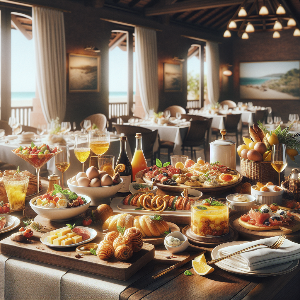 A brunch table featuring an assortment of dishes including fruits, pastries, and beverages in a restaurant setting.