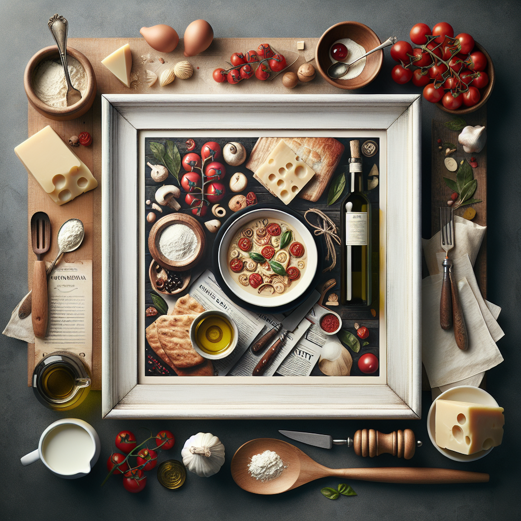 An arrangement of various Italian cuisine ingredients including pasta, tomatoes, cheese, and olive oil in a framed display. An arrangement of various Italian cuisine ingredients including pasta, tomatoes, cheese, and olive oil in a framed display.
